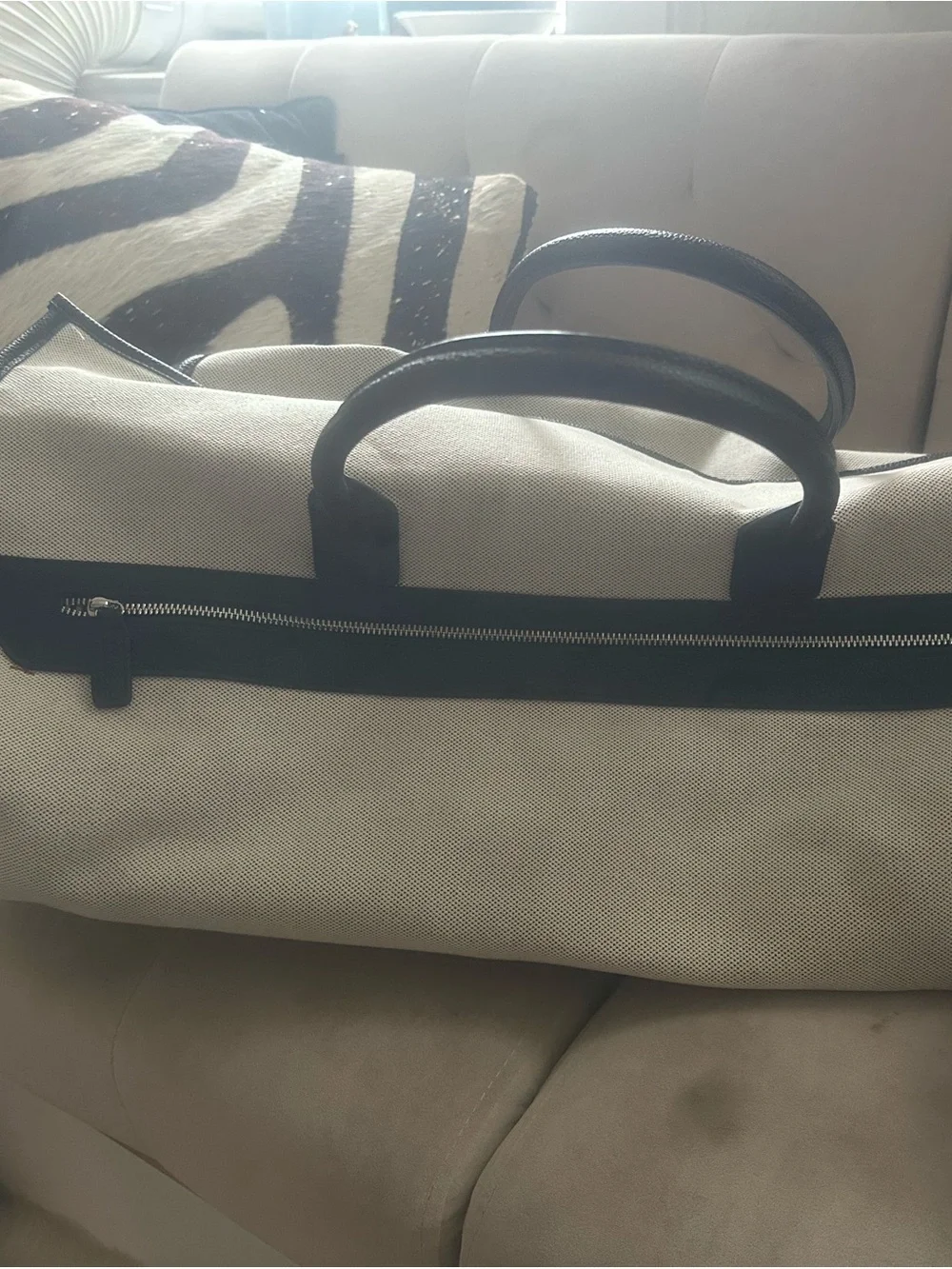 Beige Canvas Duffel Bag with Black Trim - Travel Weekender